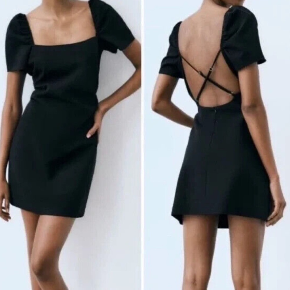 NWOT Zara puff sleeve open back linen blend mini dress cross straps black medium